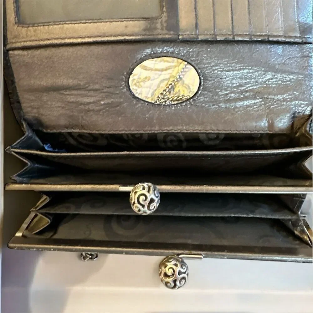 Brighton Black Crocodile Embossed Silver Floral Hardware Wallet Crossbody Chain